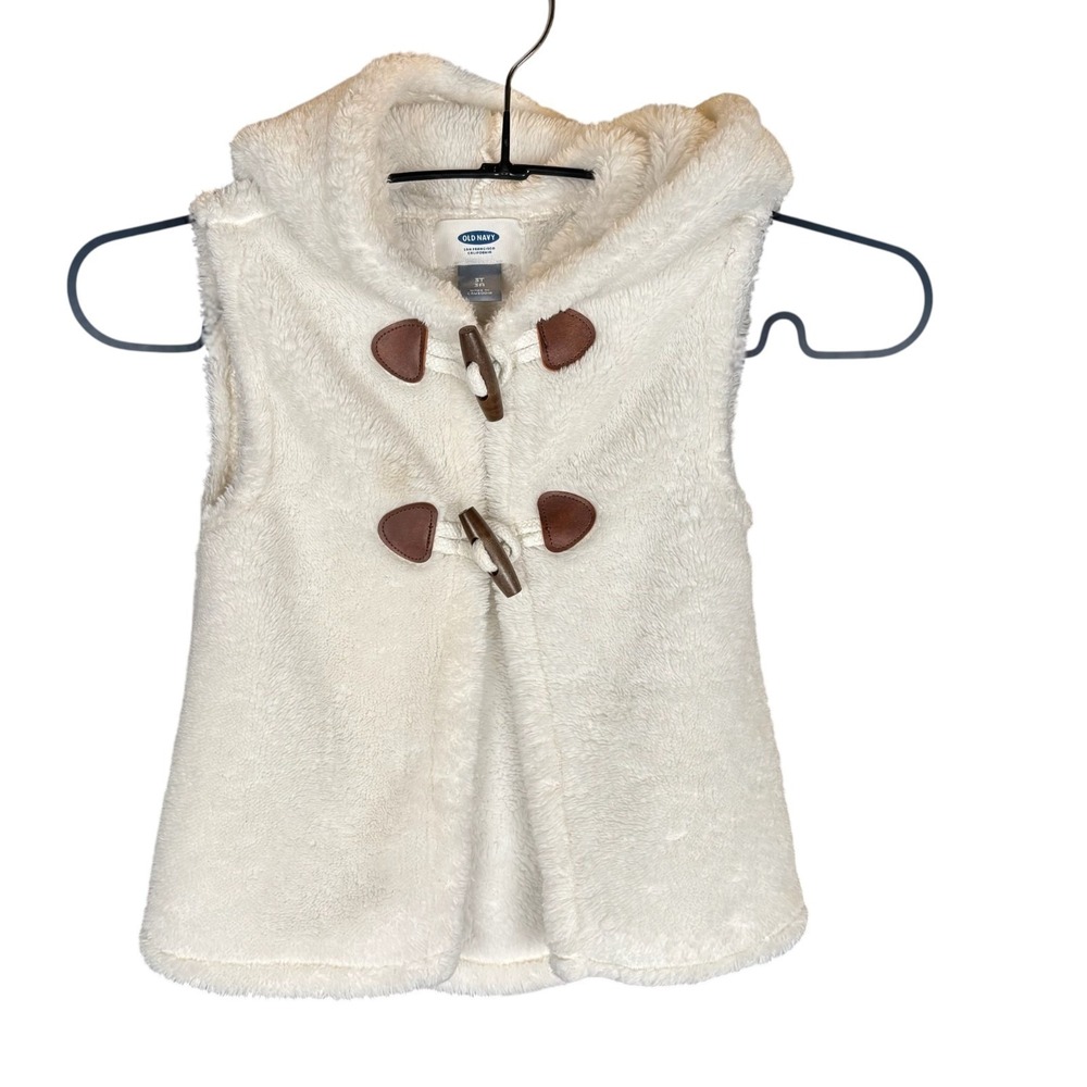 Old Navy Toddler Fleece Vest 3T‎ Hooded Ivory Toggle Closure Thick Teddy Hygge